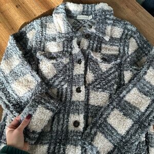 Grace + Emma Gray and Cream Plaid Sherpa Shearling Jacket